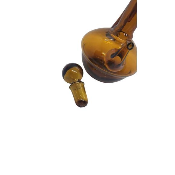 Vintage Amber Glass Cruet Decanter With Stopper Hand Blown 8" Tall Mid Century - Picture 5 of 11